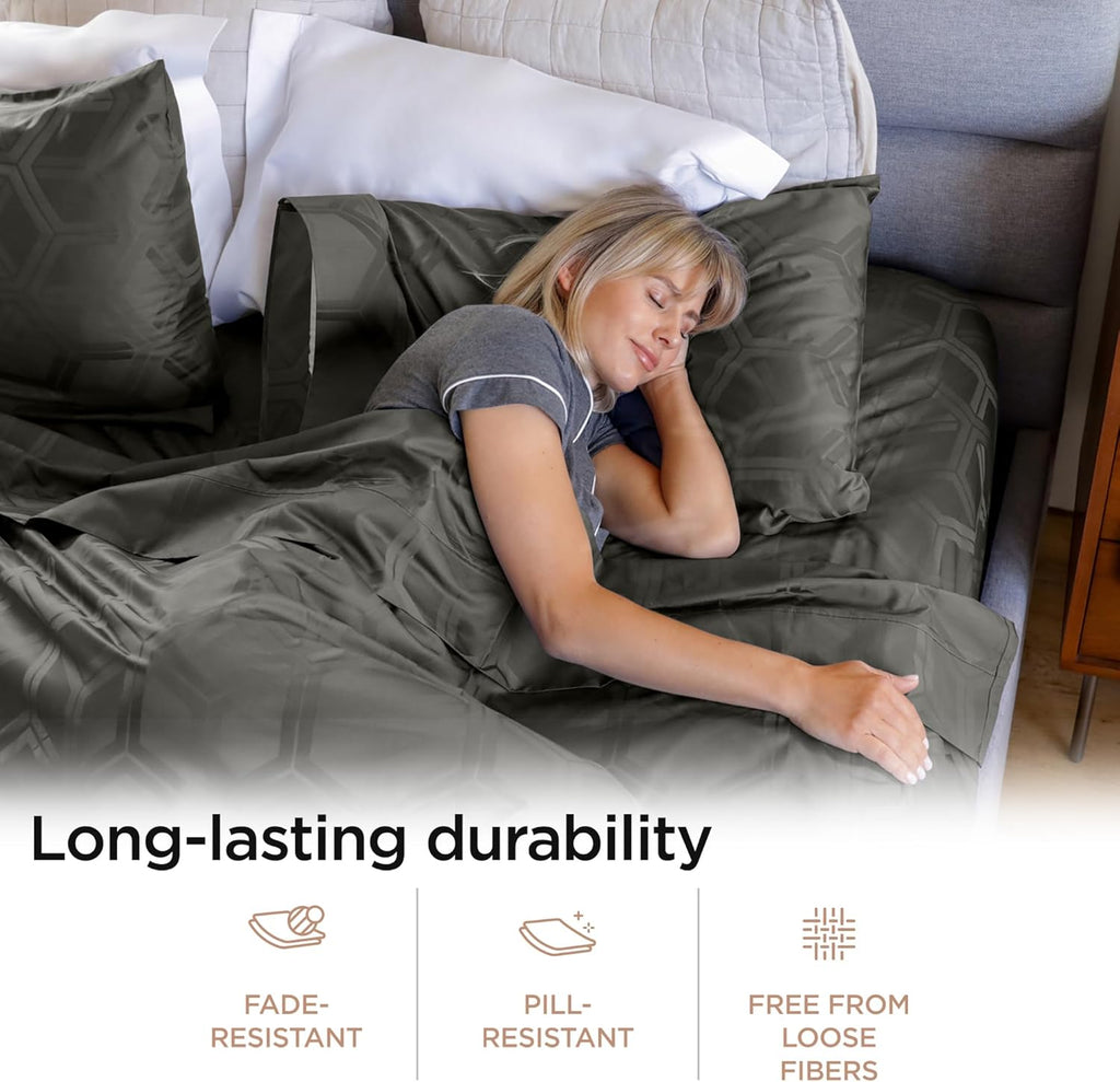 Threadmill 100% Cotton Sheets for Full Size Bed - 600 Thread Count Full Bed Sheets Set with 16” Deep Pocket - Jacquard Sateen Weave 4-Piece Bedding Set with Cooling Effect, Dark Grey