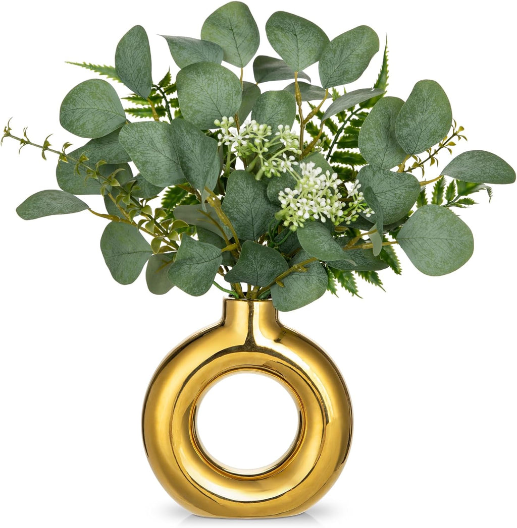 Artificial Eucalyptus Stems in Ceramic Vase 14.23" Fake Eucalyptus Plant Decor Gold Donut Vase with Greenery Centerpiece Table Decorations Small Faux Green Plant for Home Farmhouse Wedding Table Decor