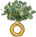 Artificial Eucalyptus Stems in Ceramic Vase 14.23" Fake Eucalyptus Plant Decor Gold Donut Vase with Greenery Centerpiece Table Decorations Small Faux Green Plant for Home Farmhouse Wedding Table Decor