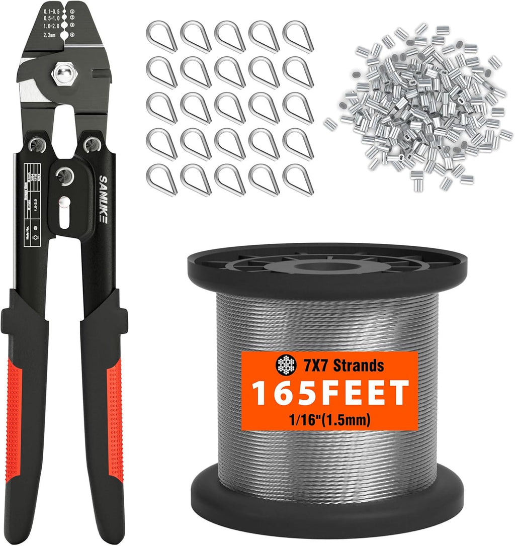 Sanuke Wire Rope Crimp Kit with 165ft 1/16 304 Stainless Steel Cable 7x7 Strand Core, 100PCS 1/16'' Aluminum Crimp Loop Sleeves and 25PCS M2 Wire Rope Stainless Steel Thimble