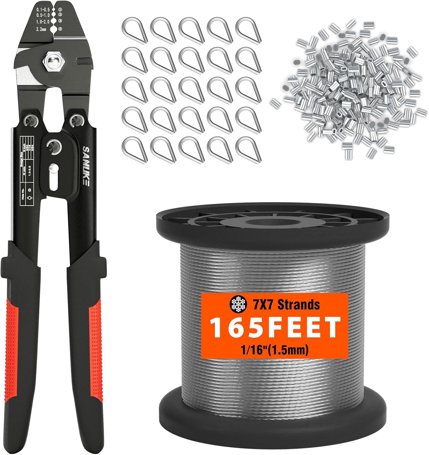 Sanuke Wire Rope Crimp Kit with 165ft 1/16 304 Stainless Steel Cable 7x7 Strand Core, 100PCS 1/16'' Aluminum Crimp Loop Sleeves and 25PCS M2 Wire Rope Stainless Steel Thimble