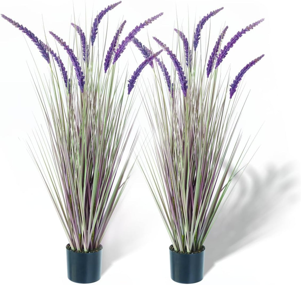 KOL 4ft 2-Pack Artificial Veronica Horsetail Reed Grass – 47in Tall Faux Purple Grass Plants in Pots, UV Resistant Fake Greenery for Indoor Outdoor Home, Office, Patio & Wedding Décor