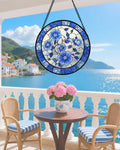 Stained Glass Window Hanging, Blue and White Plum Blossom Sun Catcher for Door Home Decor Flowers Suncatcher Christmas Mother's Day Birthday Gifts for Women Men Mom and Nana 6.3 in