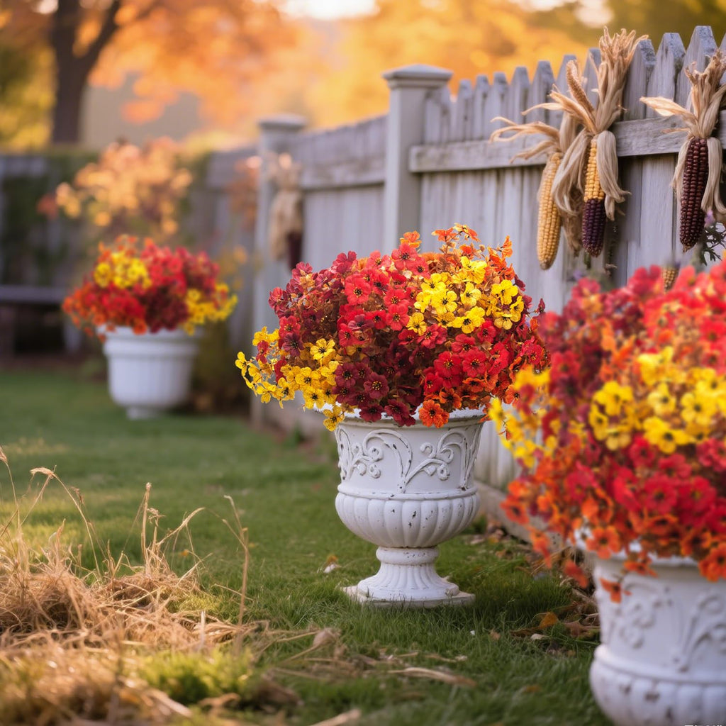 20 Bundles UV Resistant Artificial Fall Flowers for Outdoor - No Maintenance Thanksgiving Decor with Orange Blooms, Faux Silk & Plastic Plants for Porch, Yard (Fall Coffee Mix)