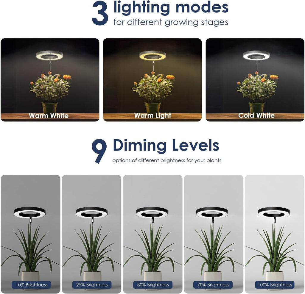 IMVSINCERE Halo Grow Light for Indoor Plants 72 LEDs - Adjustable Height （6.5-25 in） Full Spectrum LED Growing Lamp with Base, Auto On/Off Timer (3/9/12H), 10 Dimmable Brightness, 5V Adapter 160MM