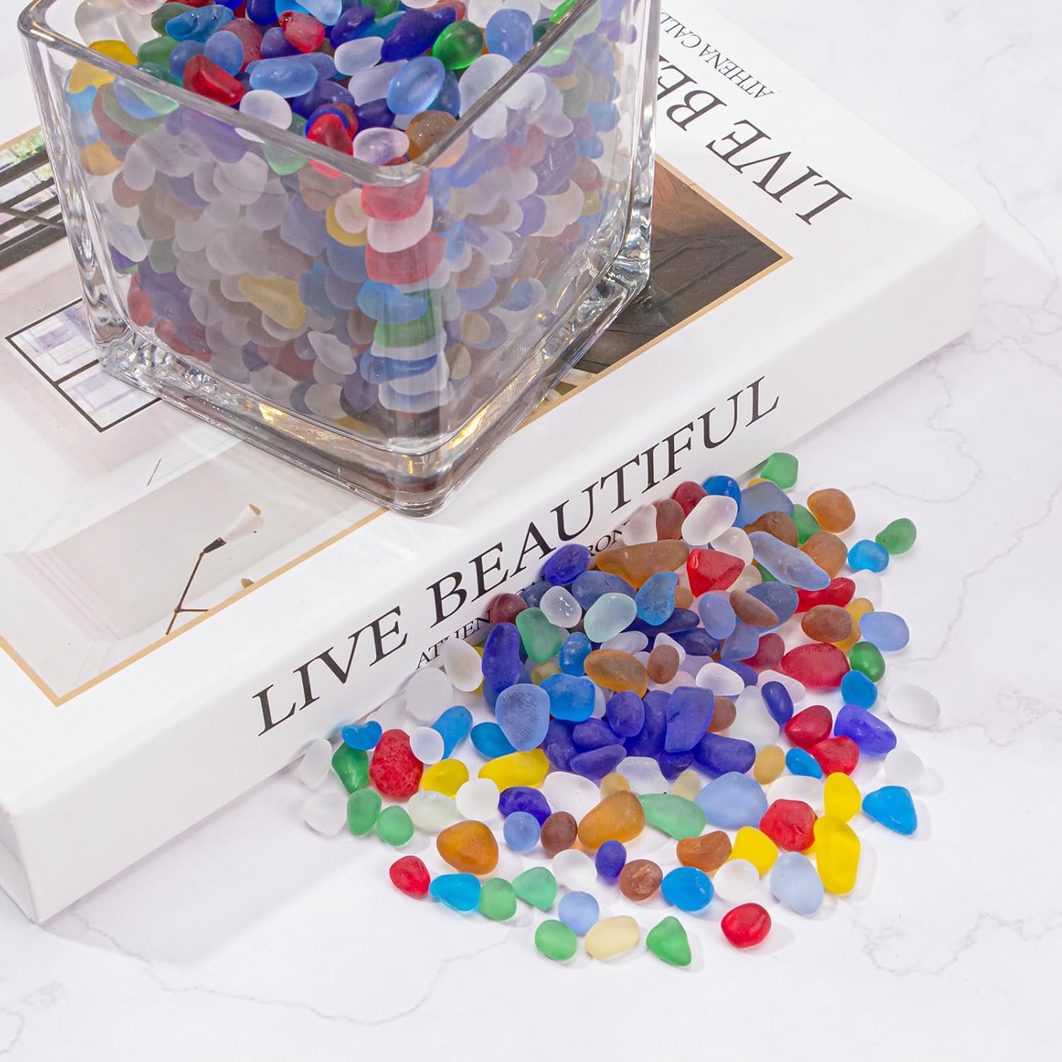 0.5 Lb Colorful Fish Tank Rocks Gravel for Aquarium, 6-9mm Frosted Sea Glass Stones Pebbles Fish Tank Beads Glass Gemstones for Vase Fillers, DIY Crafts, Home Decor