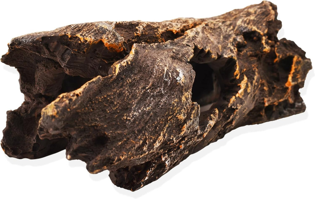Reptile Hide 10.5 Inch Natural Looking Driftwood Aquarium Decor | Hideout for Amphibians, Bearded Dragons, Geckos, Lizards & Fish | Hollow Log with Life-Like 7" Monstera Plant | Terrarium & Tank Decor