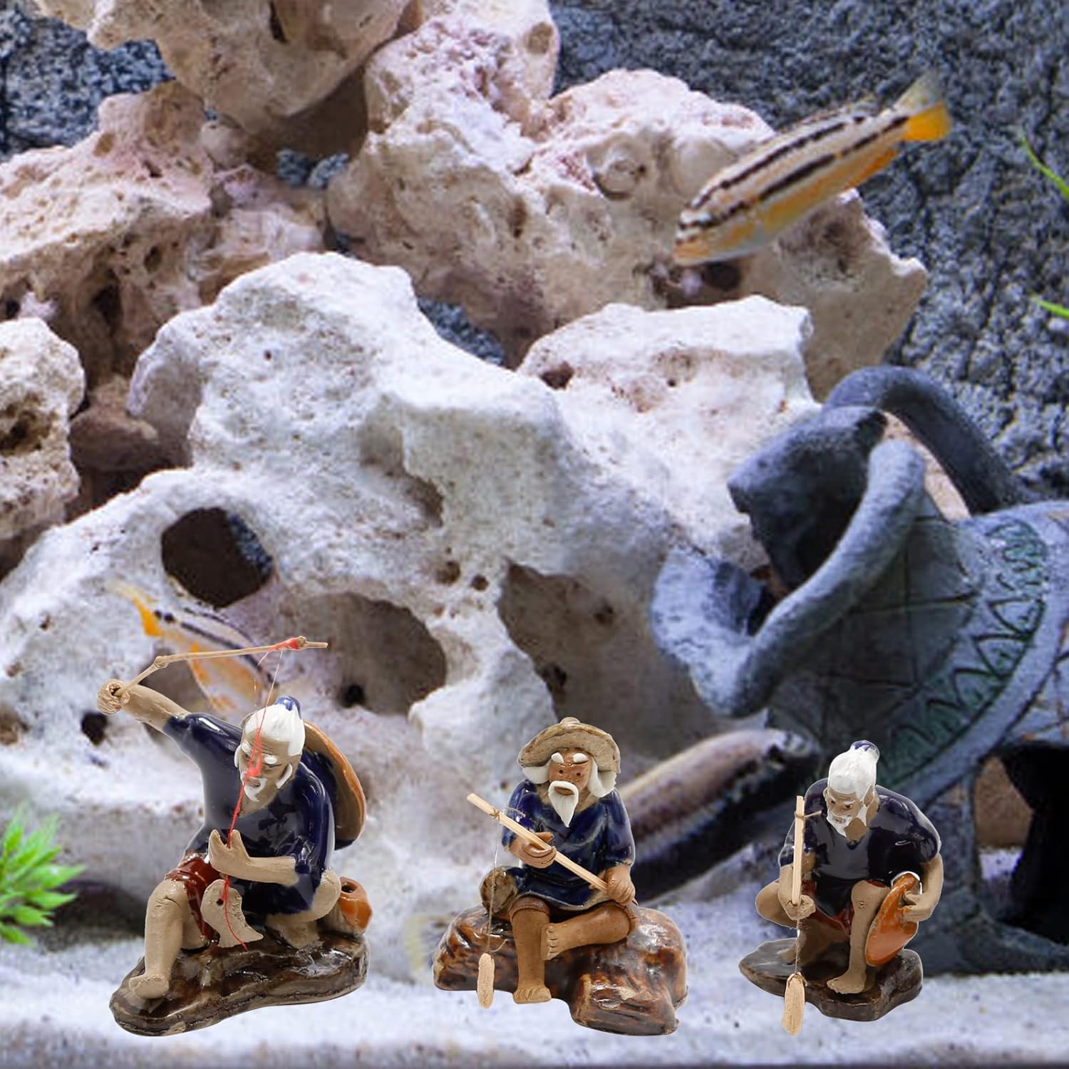 3 PCS Fisherman Statue Fishing Ornament Bonsai Tree Pot Chinese Clay Man Ceramic Fishing Ornament Garden Decoration Fish Tank Bonsai Garden Decoration