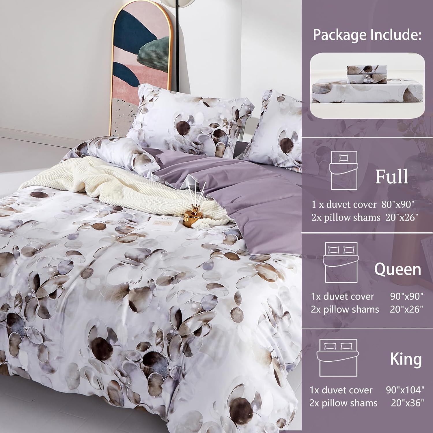 MILDLY Duvet Cover Full Size 100% Long-Staple Cotton Soft & Breathable Cobblestone Watercolor Painting Abstract Comforter Cover Set 500TC