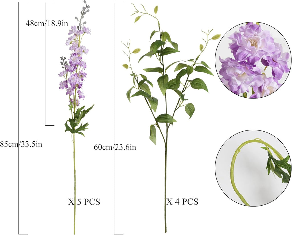 IPOPU Purple Fake Flowers 9pcs Delphinium Artificial Flowers with Clematis Greenery Stems 33.5" Bluebonnet Flowers Larkspur Snapdragon Tall Fake Flowers for Home Bridal Shower Party Decor (Purple)
