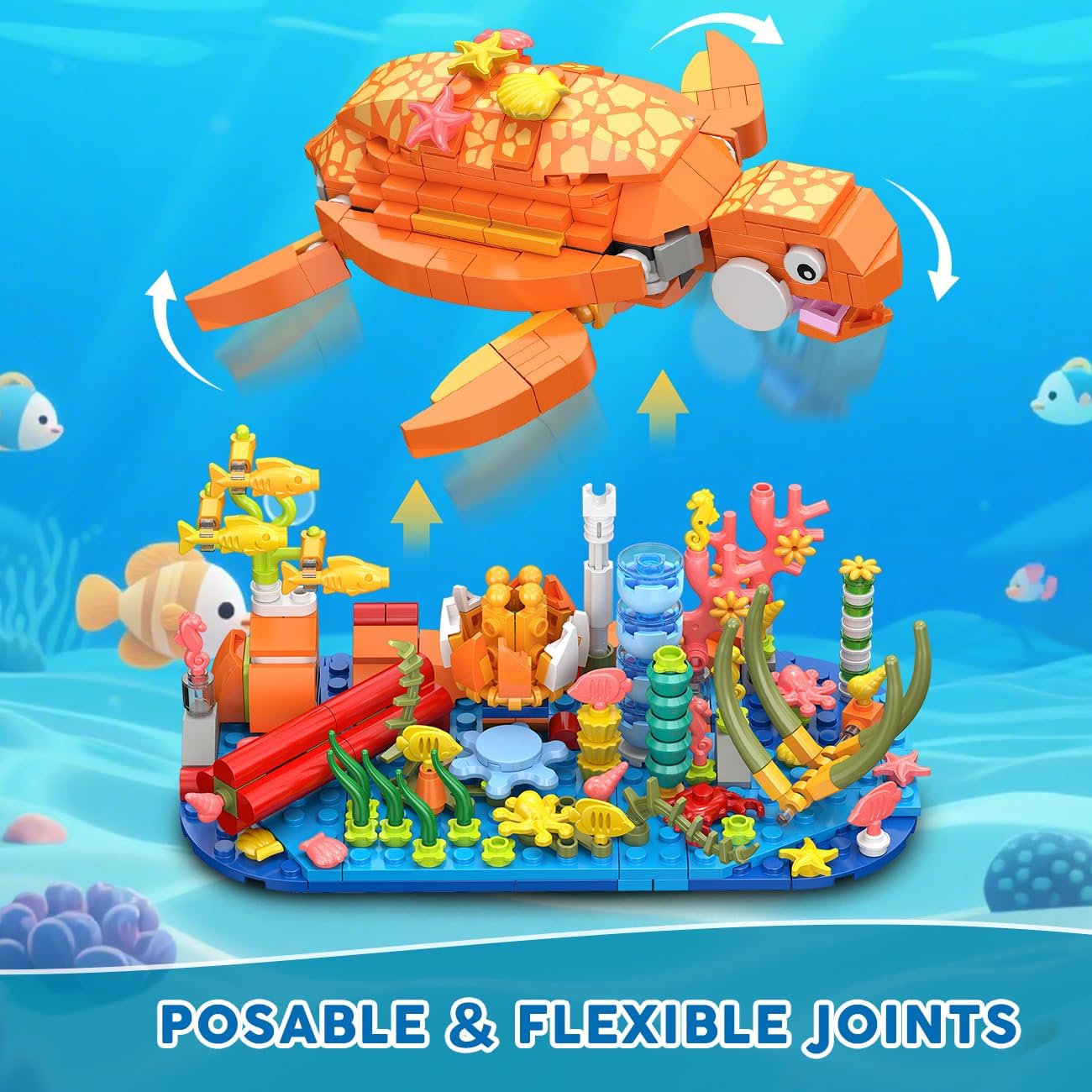 3 in 1 Animals Fish Turtle Octopus Building Set, Poseable Ocean Animal Building Block Toy for Office Home Decor, 525PCS Sea Creatures Kit, Birthday Gift for Adults Kids Boys Girls Ages 8-12+