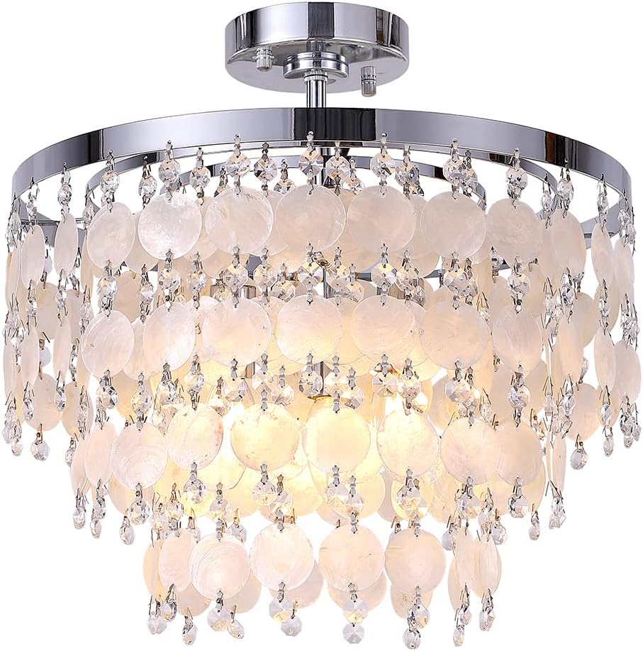 TOCHIC Modern Capiz Shell Chandelier, Boho Coastal Beach Chandelier for Bedroom, Small Semi Flush Mount Ceiling Pendant Light Fixture for Dining Living Room, Kids Room,16”W,Chrome