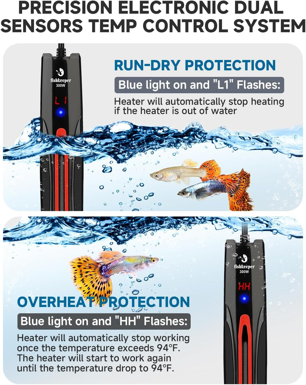 fishkeeper 300W/500W/800W Adjustable Submersible Aquarium Heater - PID Electronic Smart Thermostat Fish Tank Heater with Out-of-Water/Run-Dry/Overheat/Low-Temp Protection for 40-220 Gal Fish Tanks