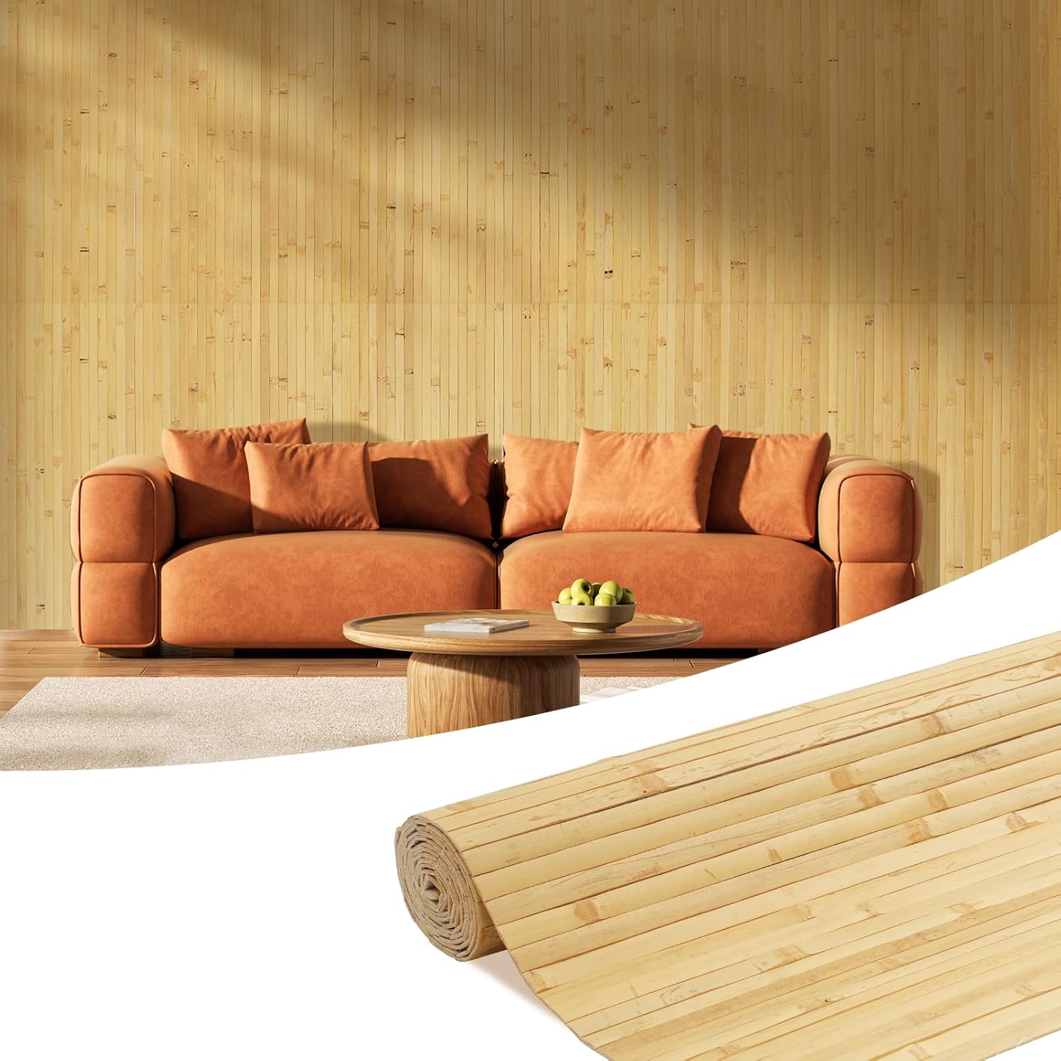 OUZUGIE 1 Pack 96x48 Inch Natural Bamboo Wall Panel – Natural Pole Wrap Paneling for Walls, Ceilings, Cabinets, Furniture – Ideal for Bedroom, Living Room & Office DIY Decor