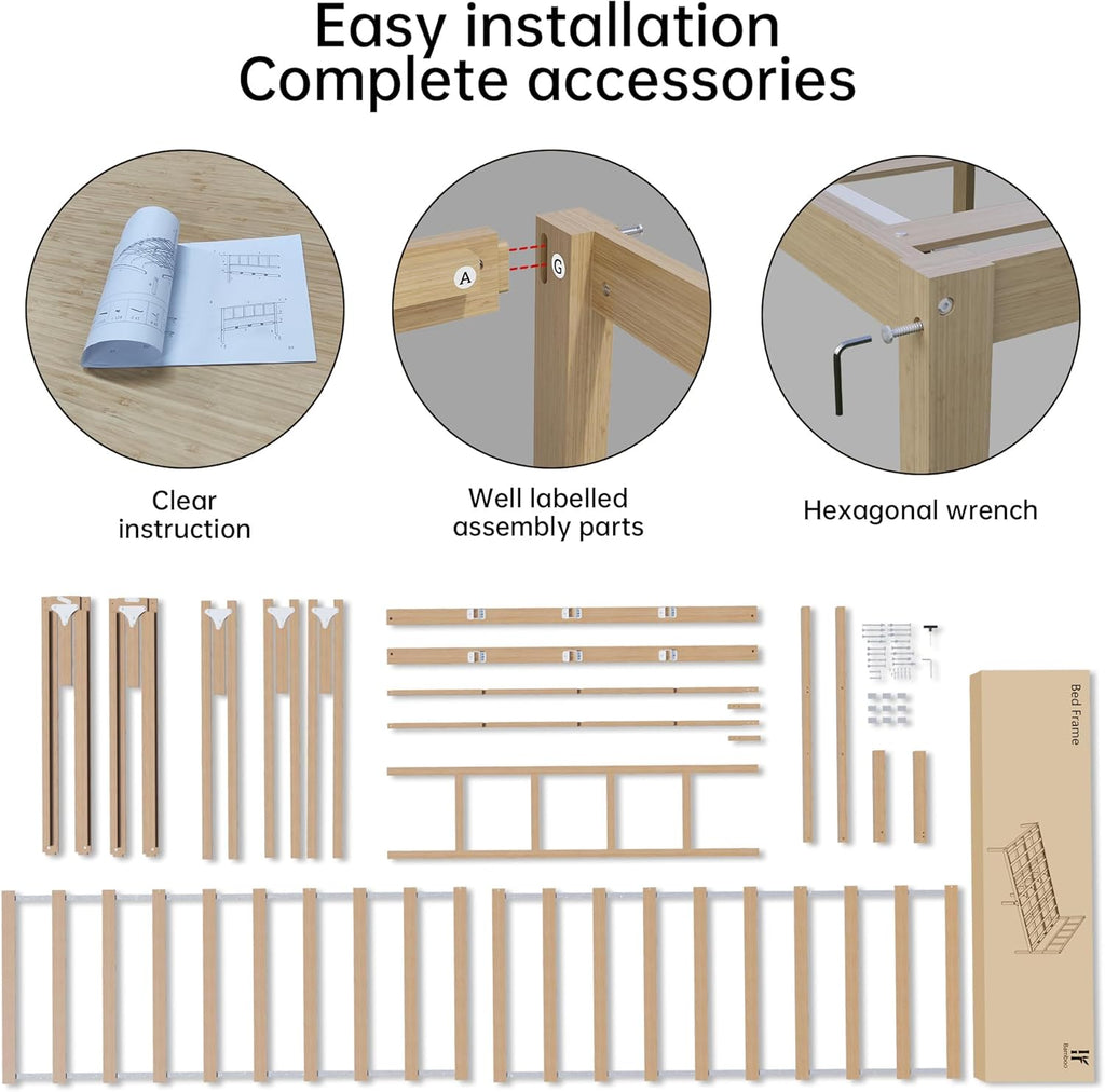 14 Inch Bamboo Bed Frame – Queen Size Solid Wood Platform Bed Frame, with Non-Slip Slats for Support, No Box Spring Needed, Easy to Assemble, Noise-Free (Natural with Headboard, Queen)