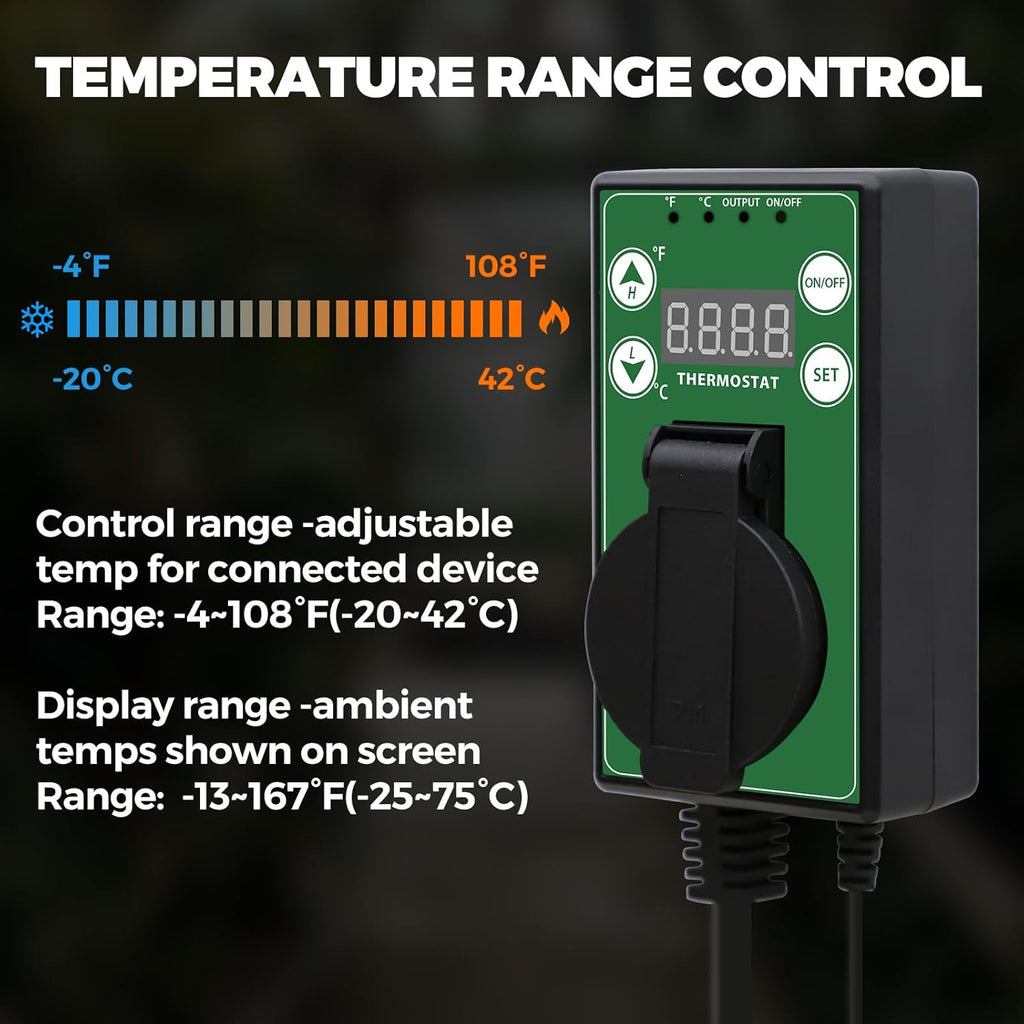 EAGLE PEAK Digital Heat Mat Thermostat Controller -4 to 108 °F for Heat Mat, Greenhouse, Heater Fan, Seedling, Germination, Fermentation and Reptiles, 15A/1500W, 2 Pack