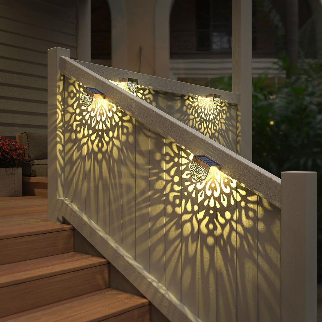 Solar Fence Lights 6 Pack Solar Step Lights Outdoor Waterproof LED Solar Powered Wall Lights Outdoor Decorations Warm Yellow Light Decorative Lighting for, Front Door, Backyard (Gold)