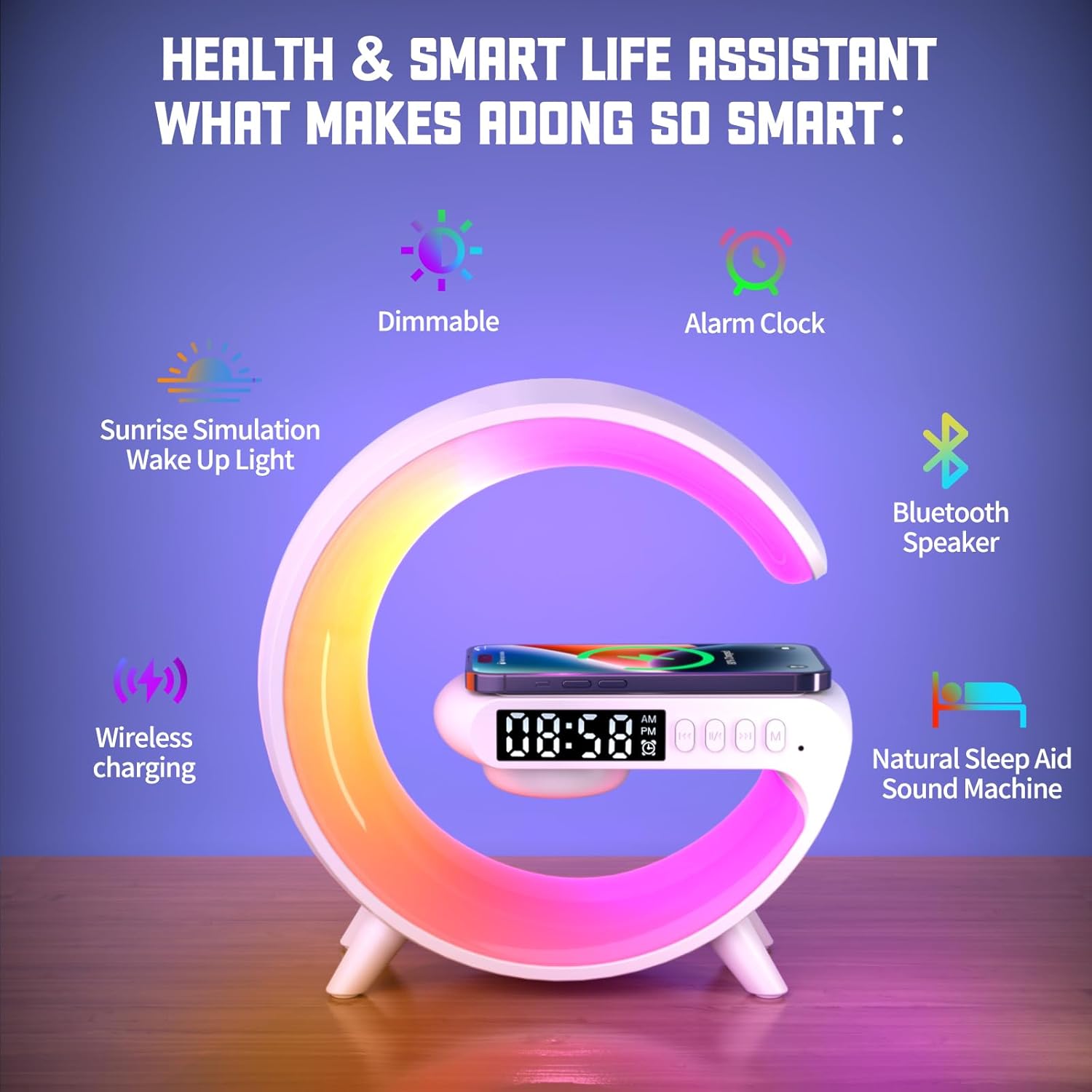 Mini LED Table Lamp with 4-in-1 Wireless Charger, Night Light, Sunrise Alarm Clock, Bluetooth Speaker, Smart Atmosphere Table Lamp for Bedroom, Office, Home Decor (White)