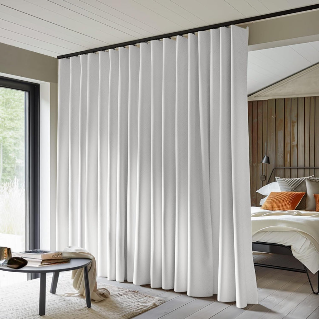 Room Divider Curtain - Total Blackout Privacy Panel, Thermal Insulated, Noise Reduction for Bedroom, Living Room, Window - Ceiling Track W 100 × H 84 in White