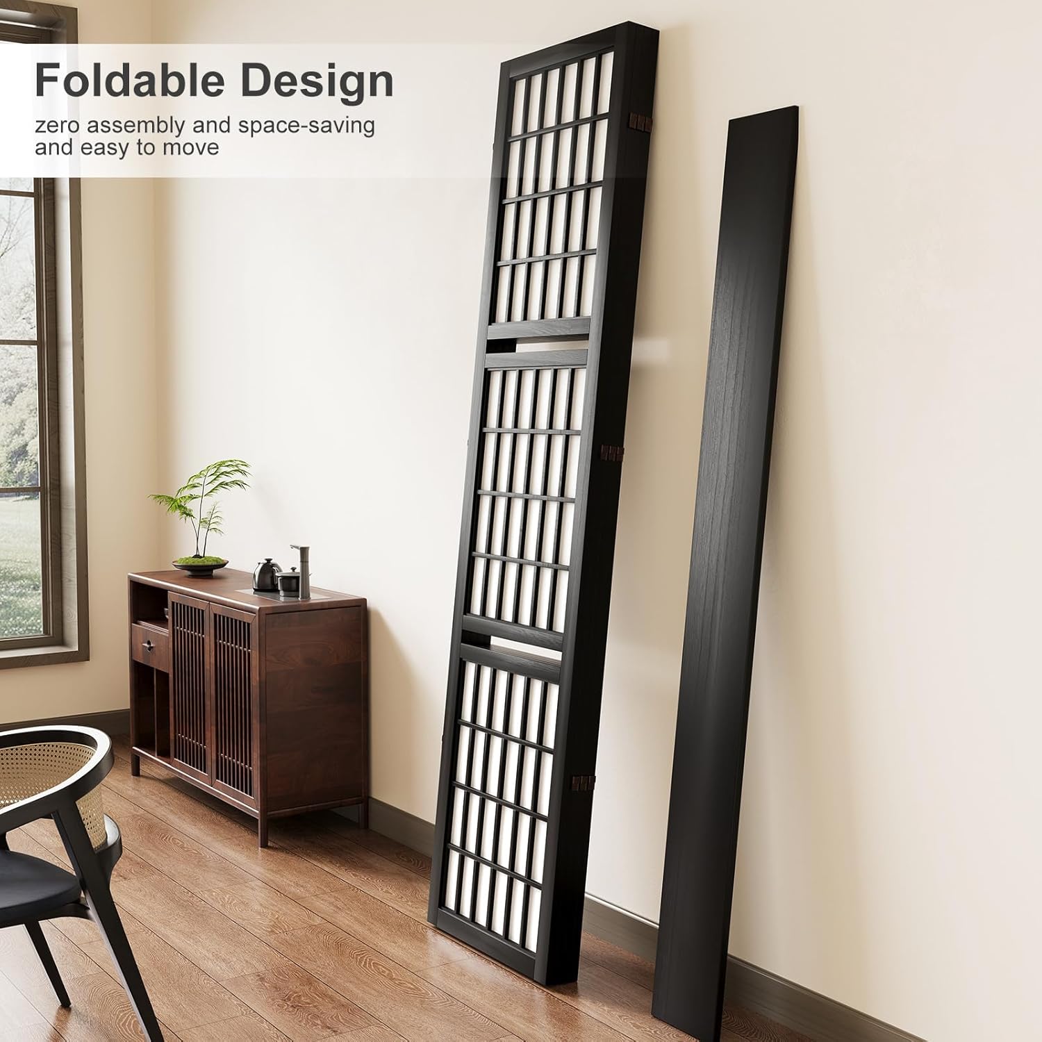 Room Divider with Shelves, 66.9-Inch Tall Japanese Shoji Style Wood Screen with Double Hinges for Home Office Bedroom Hotel Decoration (4 Panels, Black)