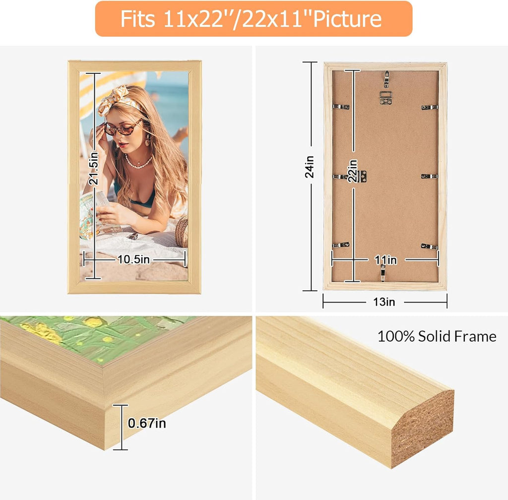 11x22 Wood Frame, Rustic Natural Wooden 22x11in Poster Picture Frame, Modern Beige Woodgrain 11 x 22inch Gallery Wall Photo Frame with HD Plexiglass, Horizontal Vertical Wall Mounting Display 1pcs