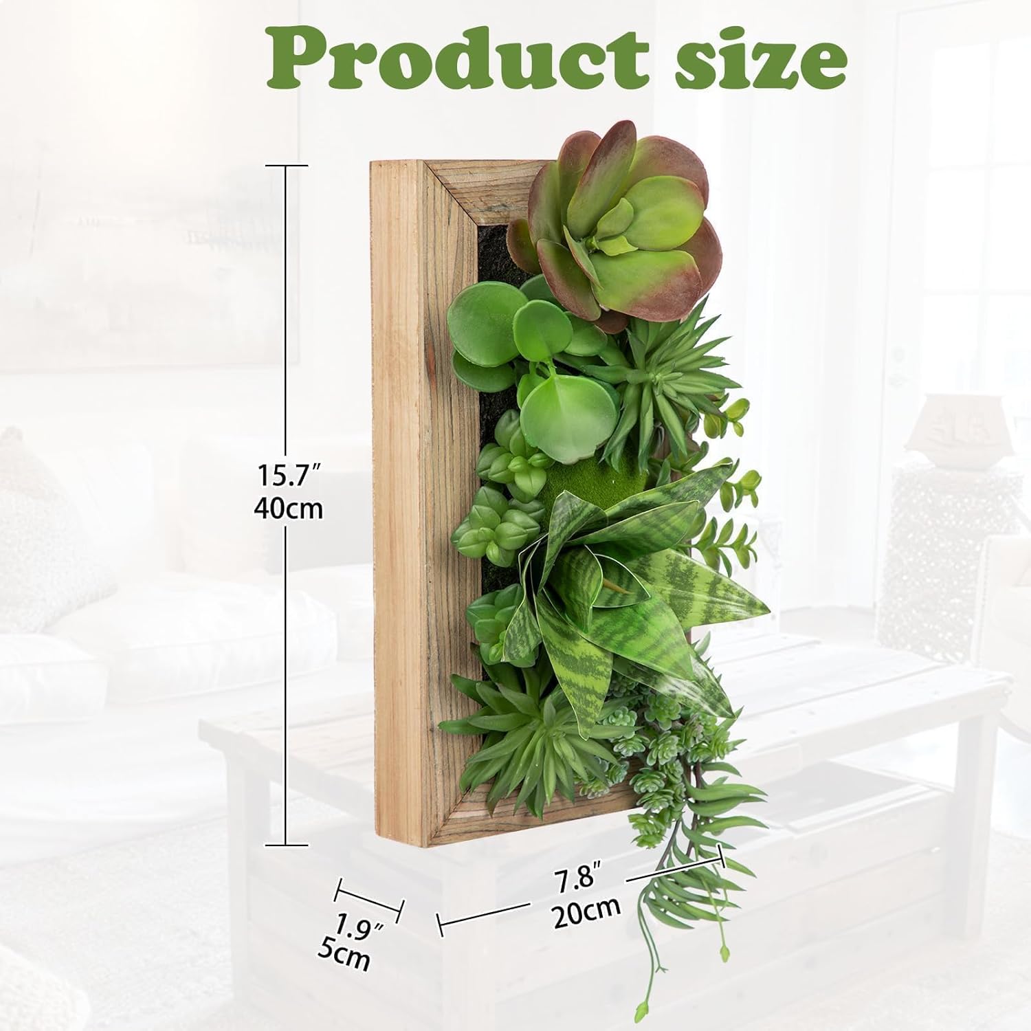 Succulents Wall Decor Hanging Artificial Plants Fake Snake Plants with Moss and Rectangle Wooden Frames Faux Plants Hanging Decor for Table Desk Livingroom Bedroom Bathroom Home Office