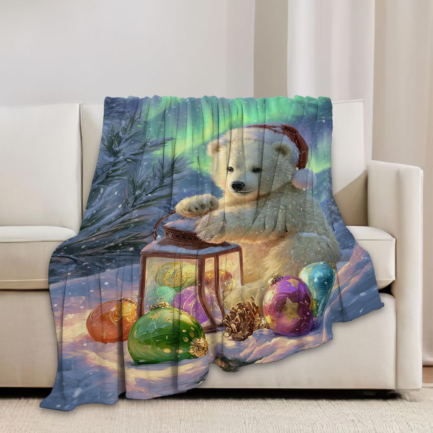 Christmas Polar Bear Blanket Winter Aurora Night Animal Throw Blankets Gifts for Girls Boys Kids White Bear Lover Soft Cozy Fleece Plush for Couch Sofa Bed 60"x50"