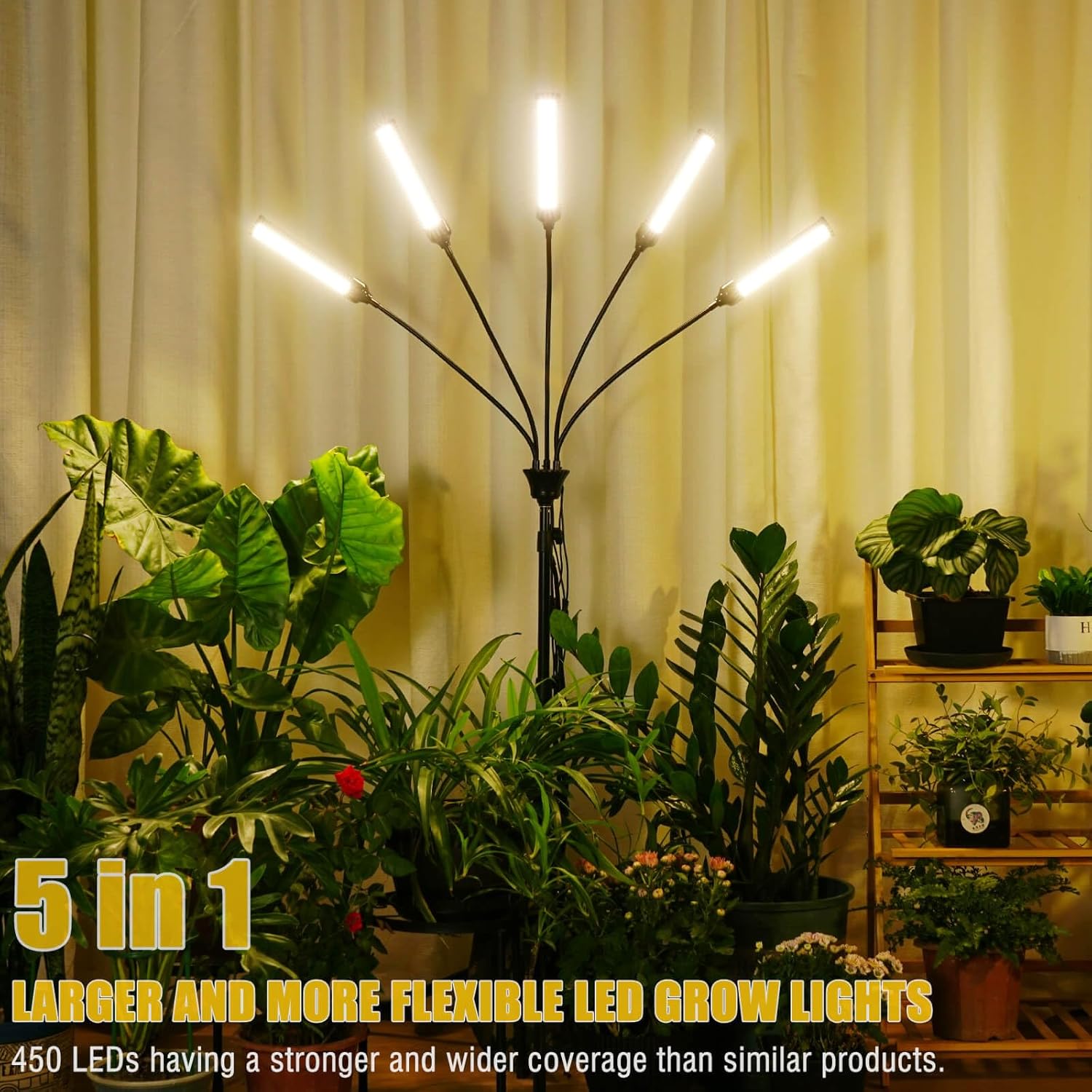 5 in 1 Grow Lights for Indoor Plants Full Spectrum, LED Grow Lights with Stand, Auto On/Off Timing 3/6/9/12/15/18H & 10 Brightness Levels Plant Growing Lamps for Indoor Plants.