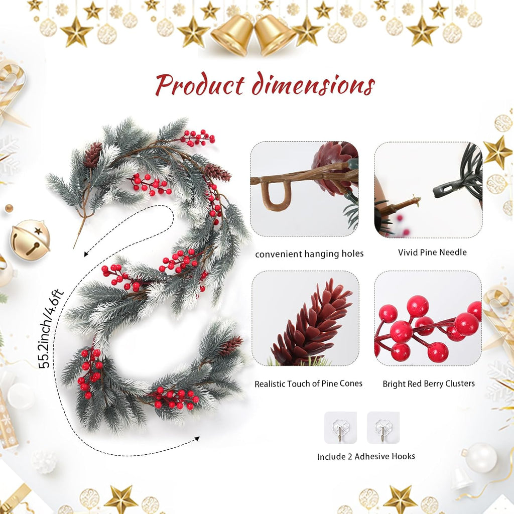SJL 4.6Ft Faux Christmas Garland Decorations Pine Garland with Pine Cones and Red Berries Realistic Greenery Garlands for Mantle Stairs Railing Table Fireplace Indoor Outdoor Holiday Xmas Decor(White)