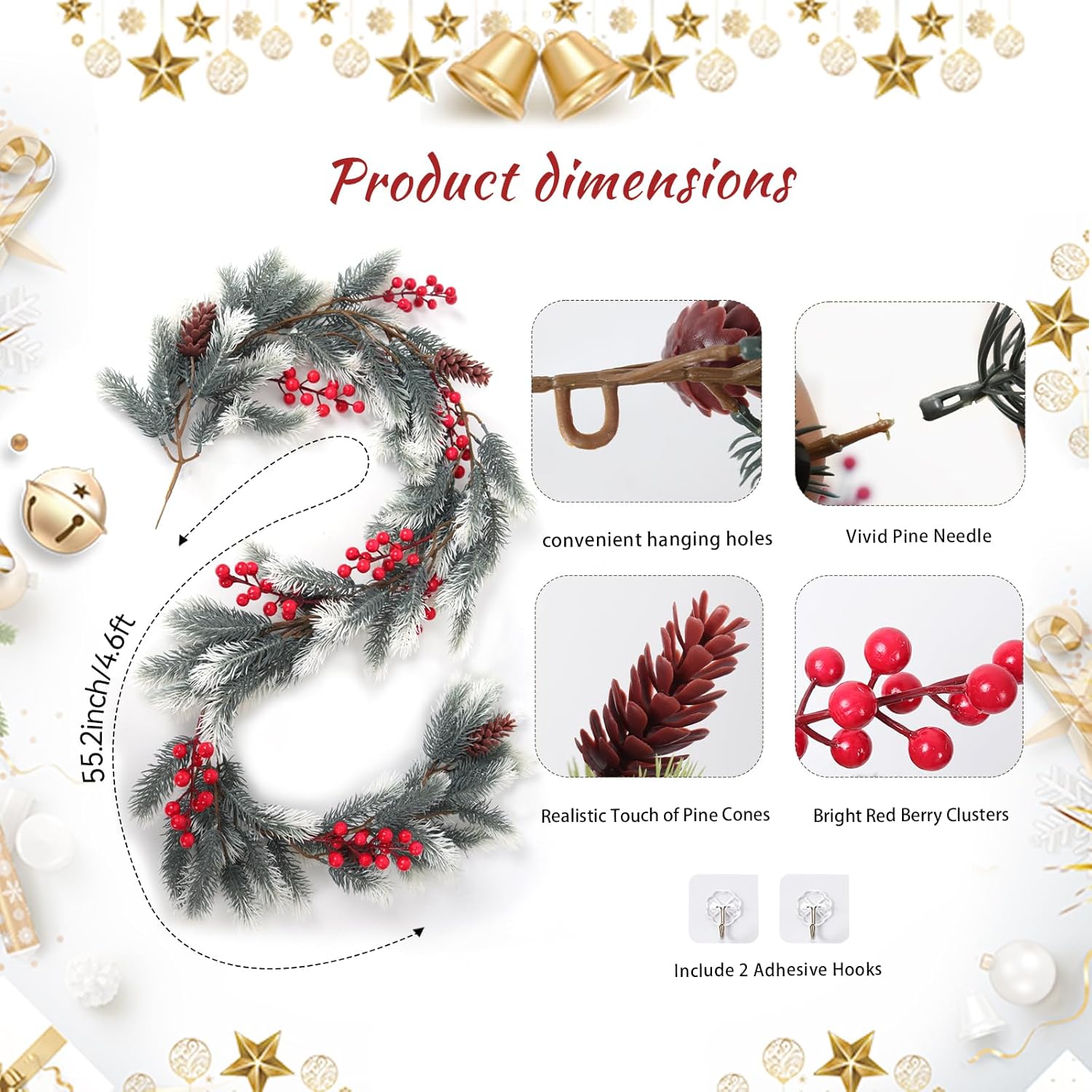 SJL 4.6Ft Faux Christmas Garland Decorations Pine Garland with Pine Cones and Red Berries Realistic Greenery Garlands for Mantle Stairs Railing Table Fireplace Indoor Outdoor Holiday Xmas Decor(White)