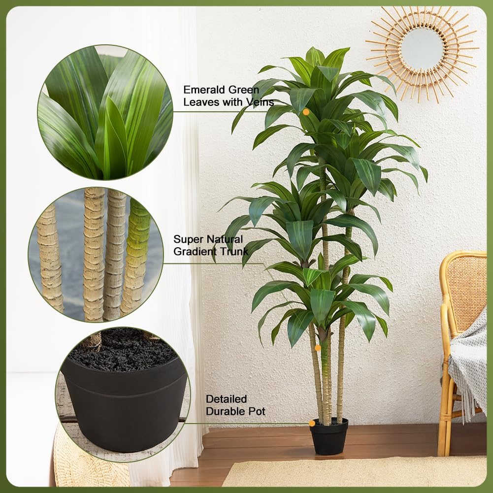 Artificial Dracaena Tree, 6FT Tall Fake Plants with UV Resistant Leaves, Faux Tropical Yucca Trees for Indoor Outdoor, Potted Large Floor Plant for Home Decor Living Room Porch, VN123
