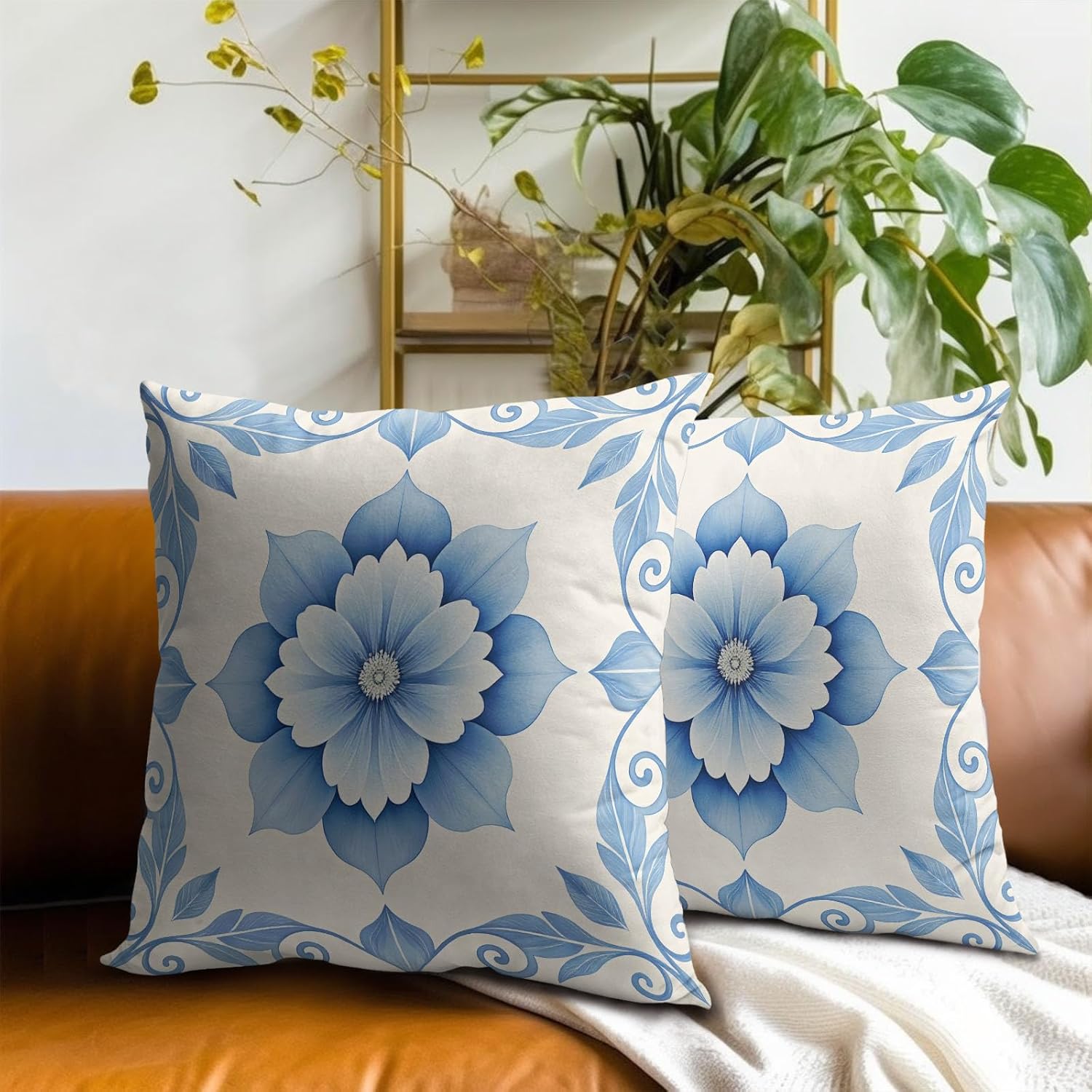 Boho Blue & White Floral Throw Pillow Covers Set of 2 Ultra-Soft All-Season Pillow Shams with Hidden Zipper,Durable for Sofa Bed Car Decor & Gift Luxury 18x18IN