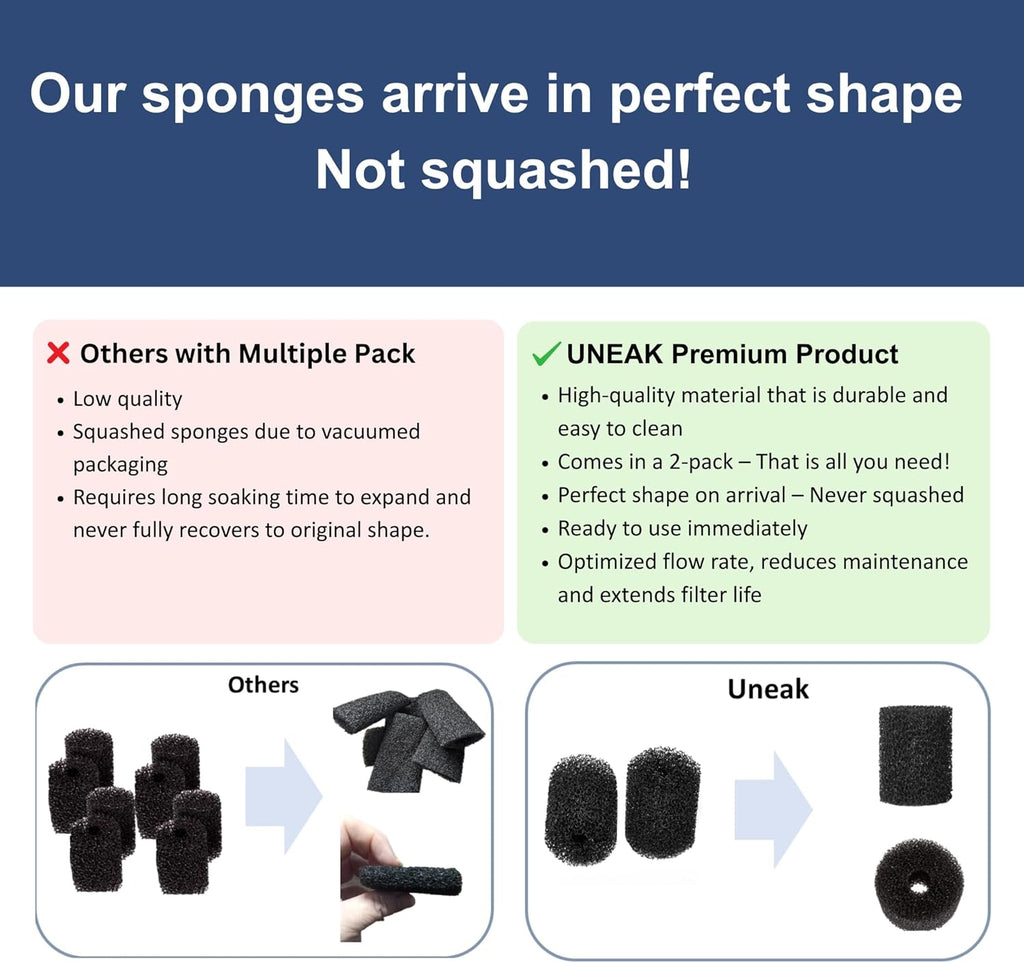 UNEAK 2-Pack Medium Premium Pre Filter Sponge Aquarium Intake High-Porosity Foam Roll Fish Tank Shrimp Beta Baby Fish Replacement Foam Cover Filtration Freshwater Saltwater 5-20 Gallons Easy to Clean