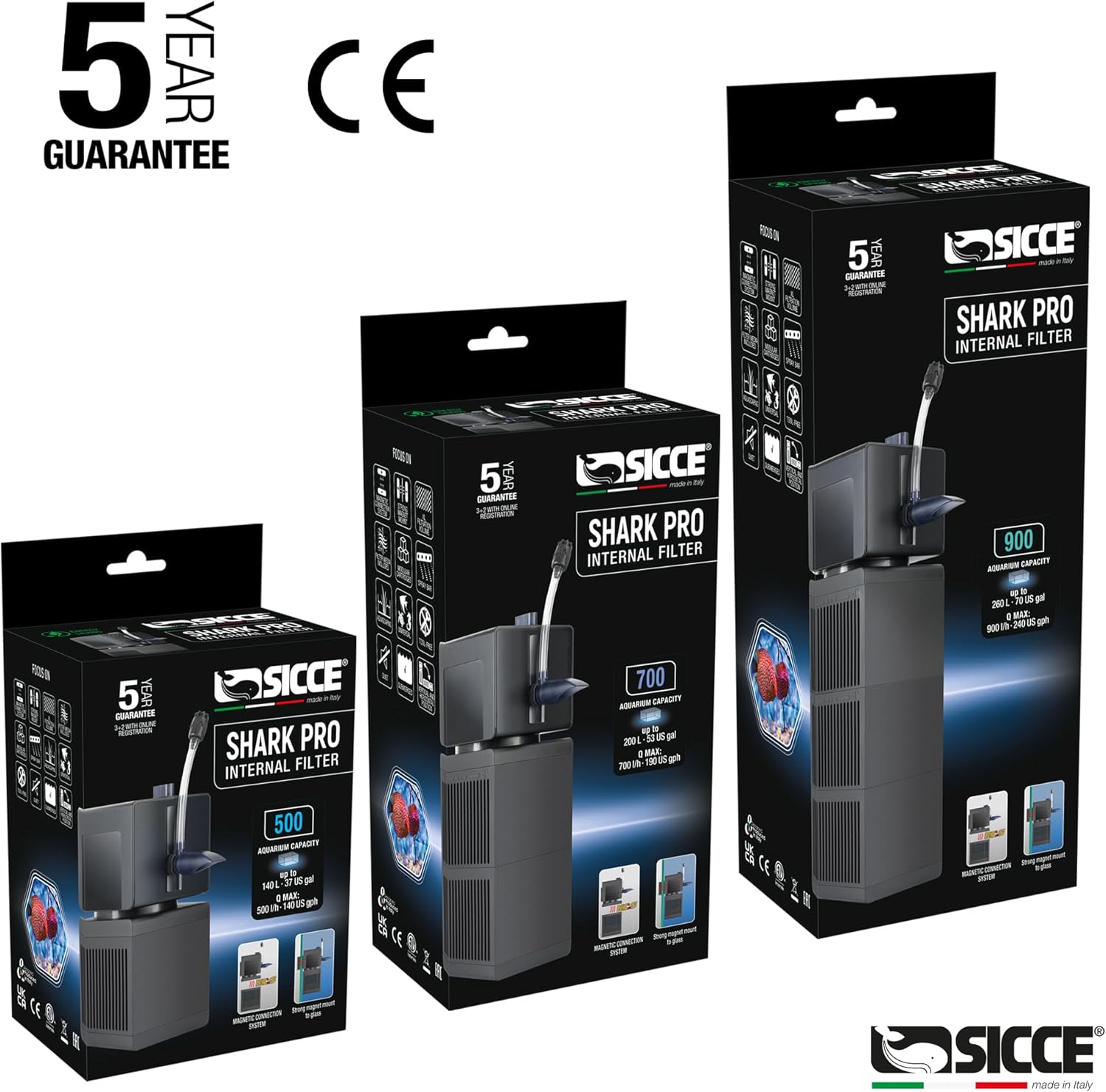 Sicce Shark PRO 900 Internal Aquarium Filter 240 GPH Submersible | Up to 70 Gallons | in-Tank Freshwater and Saltwater Application with Three Removable Filter Cartridges | Fish Tank Turtle Terrarium