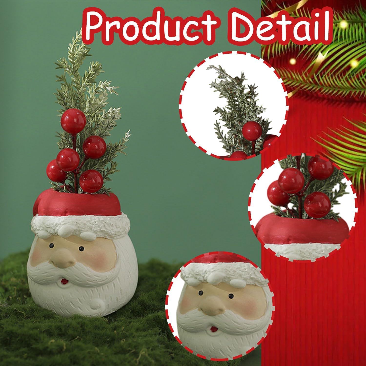 Christmas Tabletop Decorations, Artificial Mini Xmas Tree Decor for Tables Red Berry ＆ Pine Branch with Santa Claus Base Christmas Table Decor for Winter Party Indoor Home Fireplace Mantel Decorations