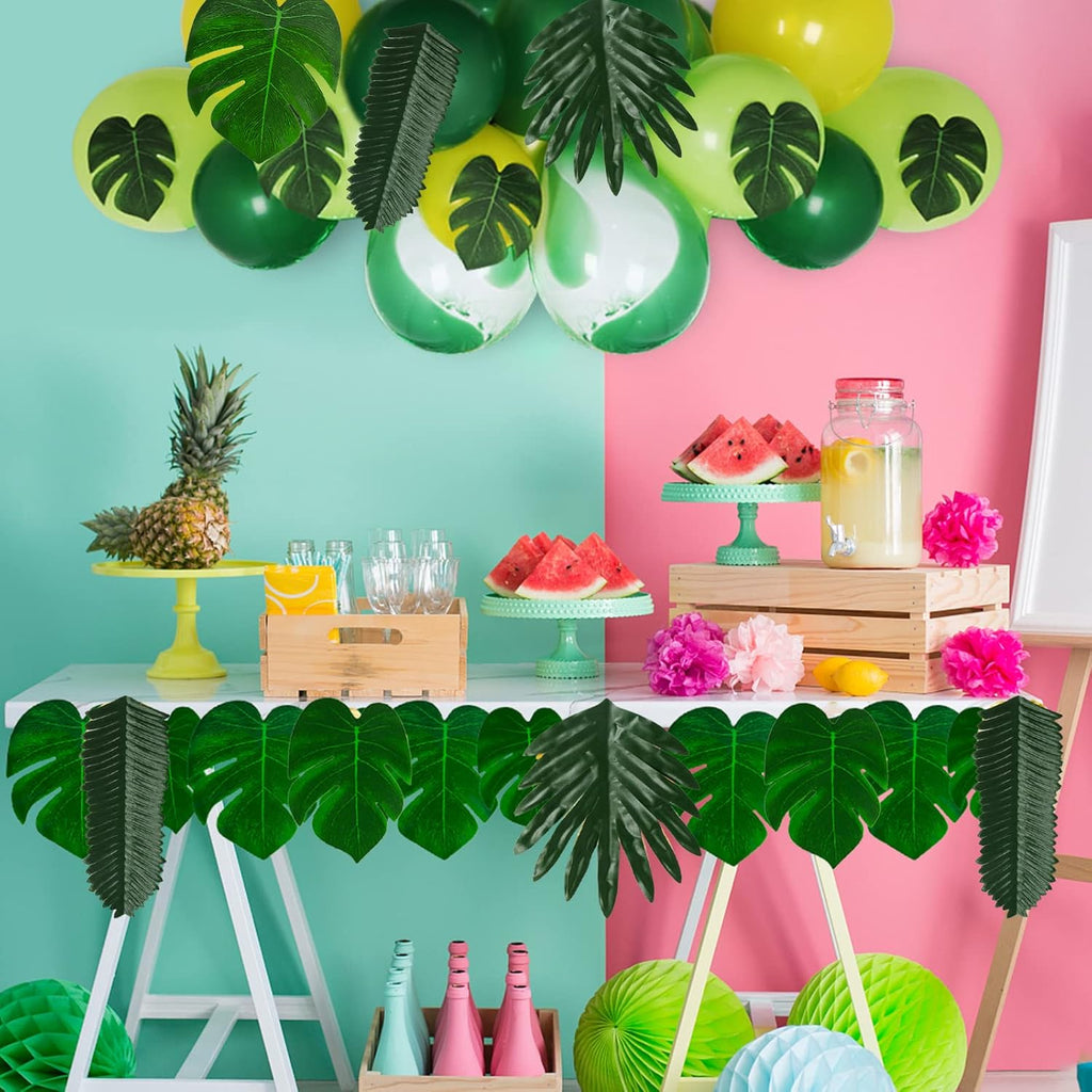 50 Pieces 7 Kinds Tropical Party Decorations Jungle Monstera Leaves Safari Leaves, Artificial Palm Leaves with Faux Stem for Hawaiian Luau Party Jungle Beach Table Leave Decorations