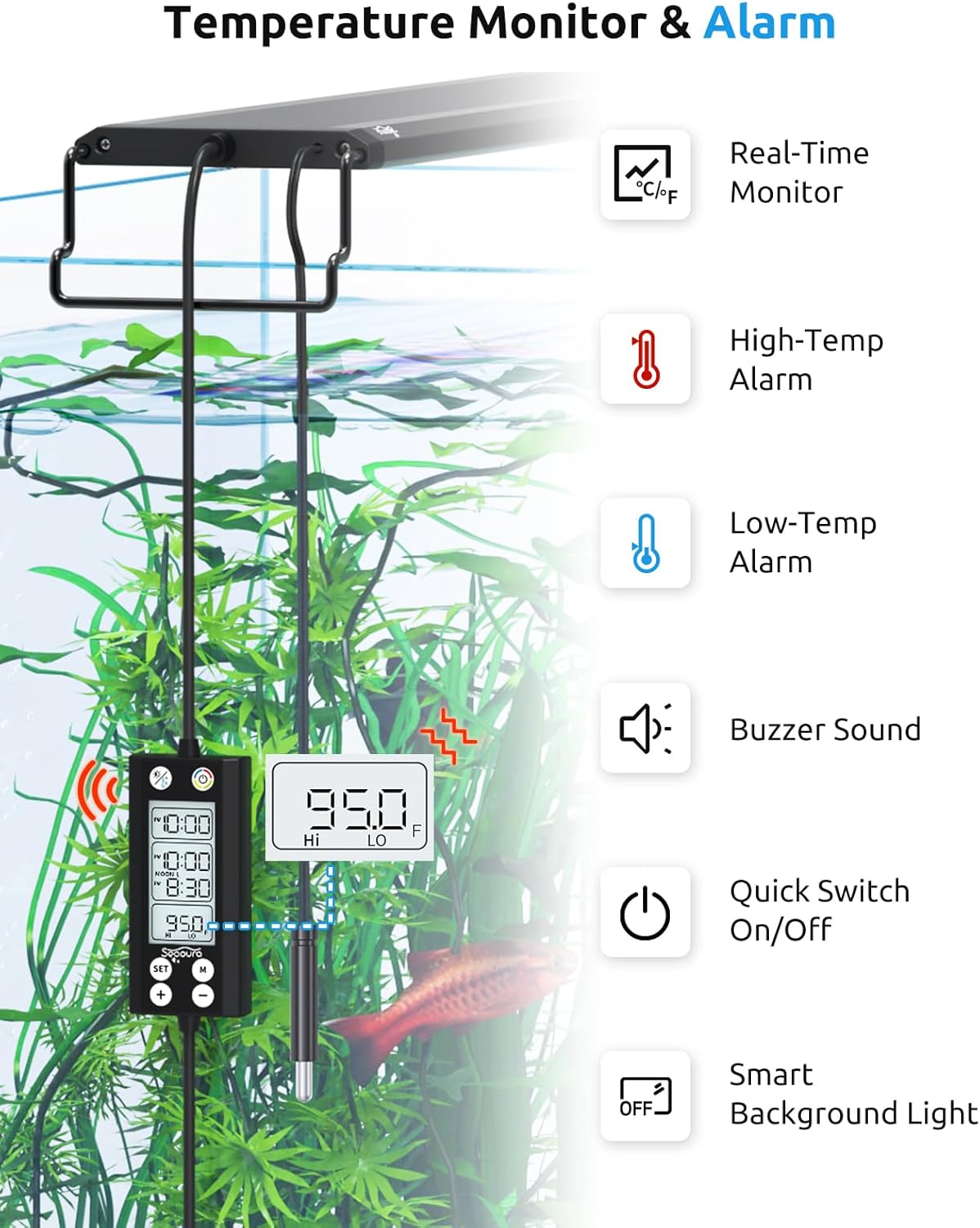 SEAOURA Aquarium LED Light with Thermometer, 48-54in Full Spectrum Lights for Fish Tank, 24/7 Programmable with Power Off Memory, WRGB Custom, 20 Level Dimmable Brightness for Freshwater Aquariums