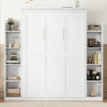 Queen Murphy Bed with Storage Shelves and LED Lights, Wood White Murphy Wall Bed Cabinet with Bookcase Bookshelf for Adults