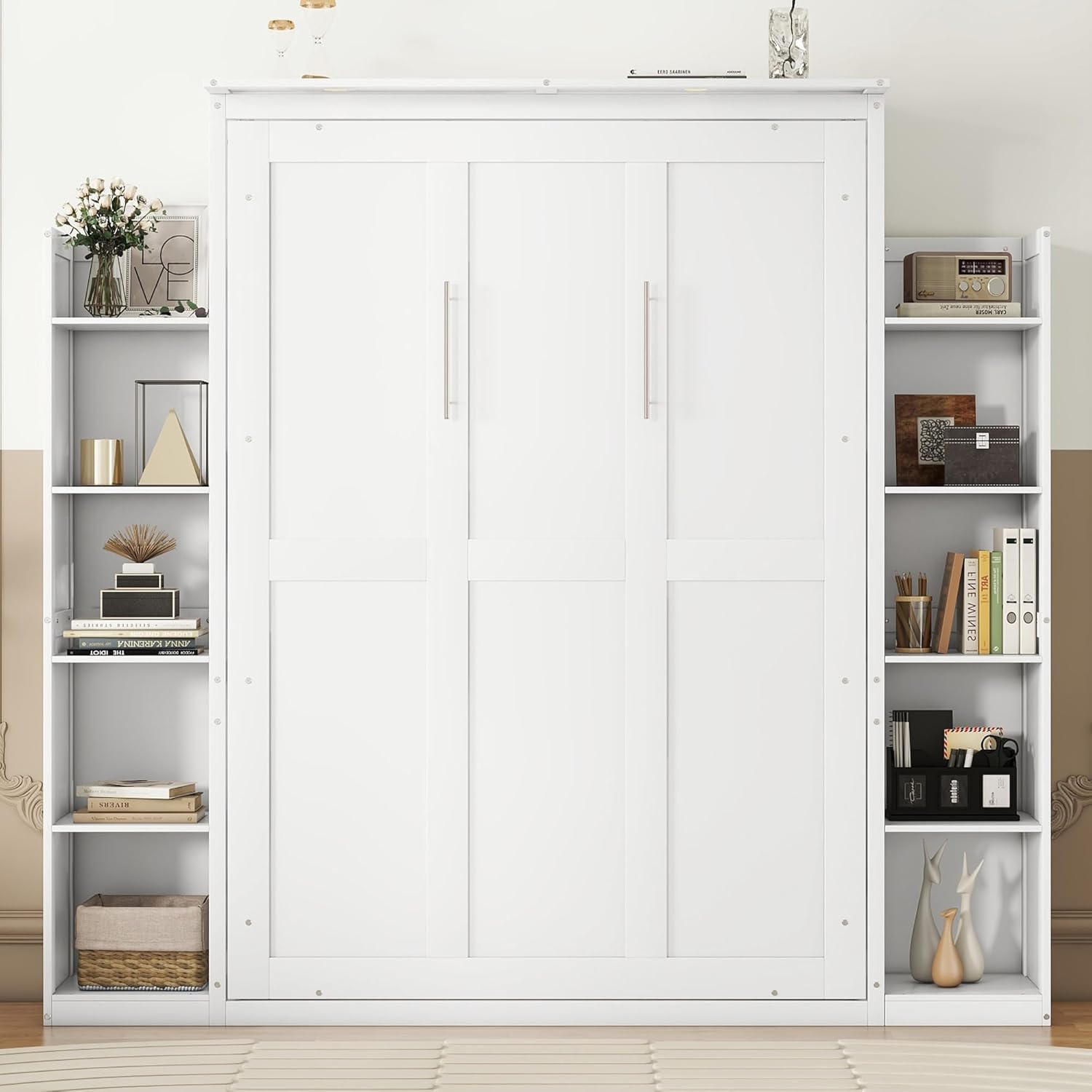 Queen Murphy Bed with Storage Shelves and LED Lights, Wood White Murphy Wall Bed Cabinet with Bookcase Bookshelf for Adults