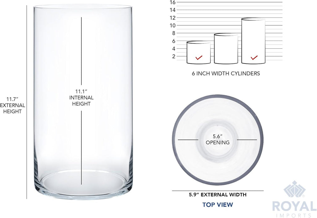 Royal Imports Flower Glass Vase Decorative Centerpiece for Home or Wedding - Cylinder Shape, 12" Tall, 6" Opening, Clear