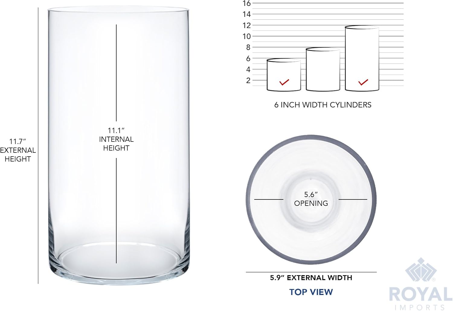Royal Imports Flower Glass Vase Decorative Centerpiece for Home or Wedding - Cylinder Shape, 12" Tall, 6" Opening, Clear