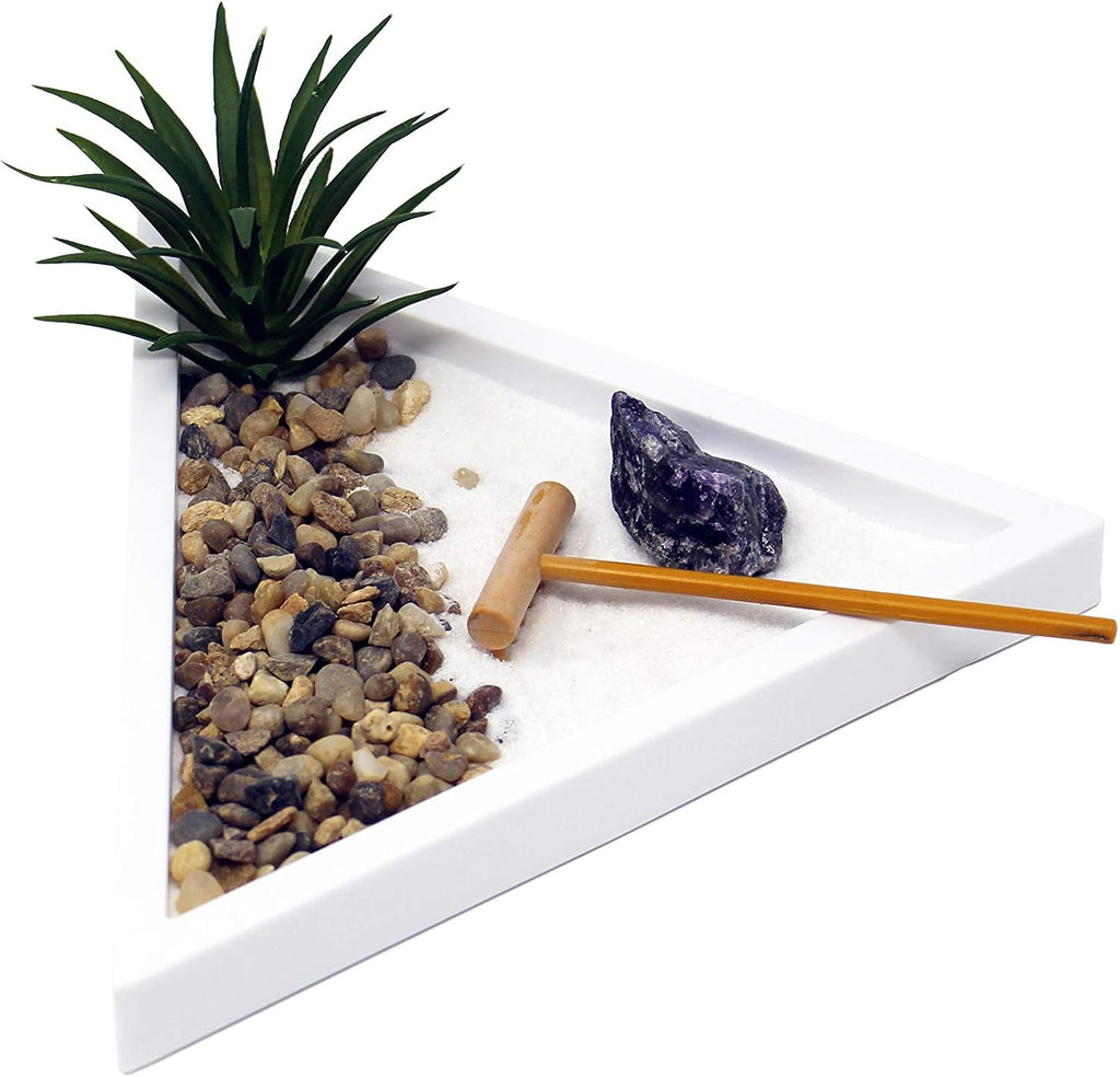 Nature's Mark Mini Zen Garden Kit with White Sand, Rake, White Base, Salt Rock and Air Plant (Triangle)