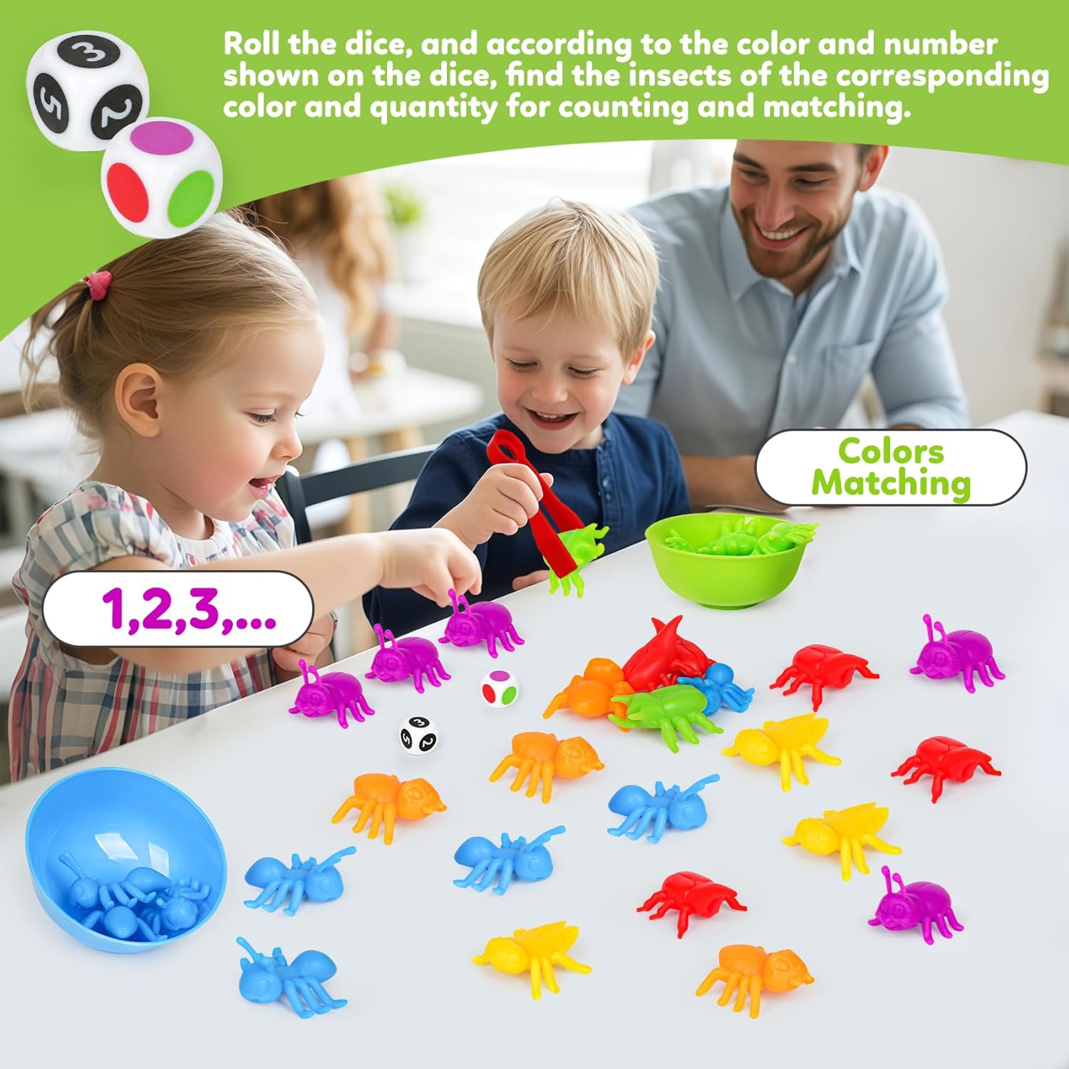 Counting Insects Matching Toys with Sorting Bowls and Games Dice Montessori Preschool Educational Activities Learning Color Sorting Fine Motor Skills Sensory Toys Birthday Gifts for 3 4 5 Year Old