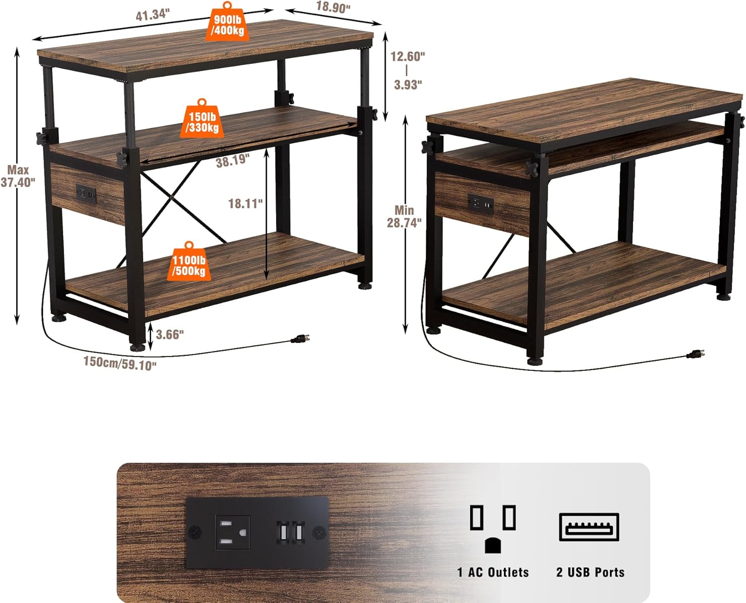 30-40-50 Gallon Aquarium Stand with Storage, 3-Tier Metal Fish Tank Stand with Power Outlet & Adjustable Height, Heavy Duty Turtle Tank Stand for Living Room Bedroom Office, Rustic Brown