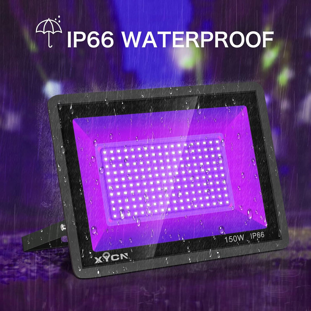 4 Pack 150W LED Flood Black Lights,395nm to 405nm UV Outdoor Flood High Power Blacklight Light with Plug in, IP66 Waterproof Large Black Light Spotlight for Glow Party Large Space, Halloween