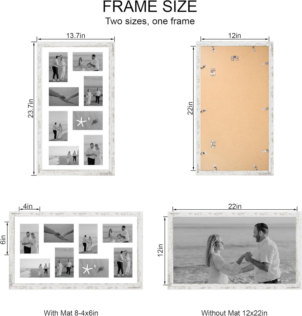 12x22 Picture Frame Set of 2, Distressed White with Glass Collage Frame, Display Eight Opening 4x6 Photos With Mat or 12 x 22 Newspaper Without Mat - Horizontal or Vertical Wall Mounting