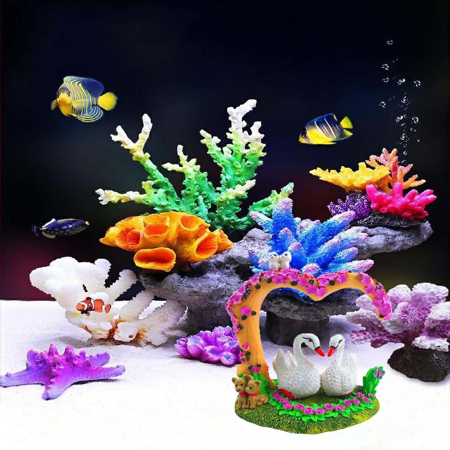 Aquarium Decorations - Resin Heart Swan Aquarium Supplies for Fish Tank Theme Decoration
