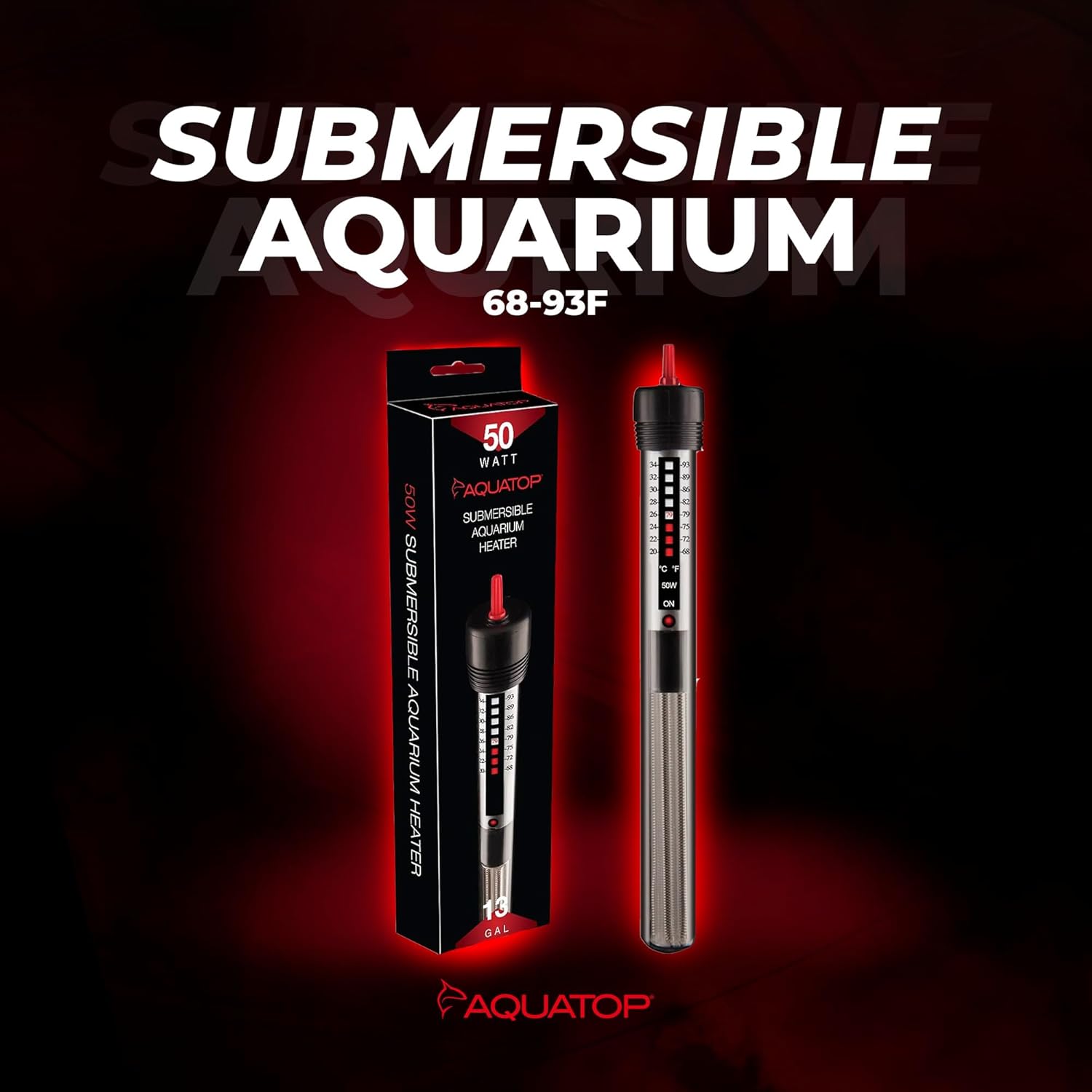 Aquatop 50W Aquarium Submersible Glass Heater – Adjustable Temperature 68-93°F – Fish Tanks Up to 13 Gal – for Freshwater & Saltwater Use – GH-50