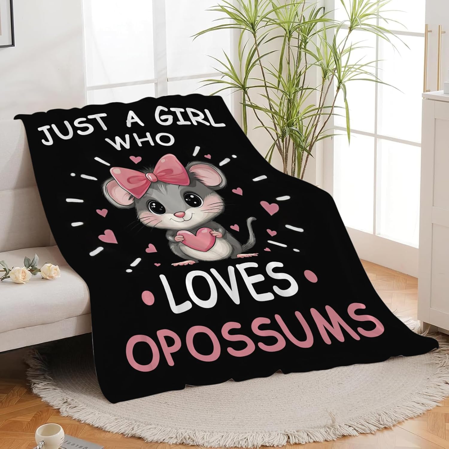 Just A Girl Who Loves Opossums Throw Blanket Possums Print Throw Blankets Gifts for Couch Sofa Bed Stuff Decor Soft Cozy Fleece Plush Warm Flannel Bedding for Lover 50"x60"