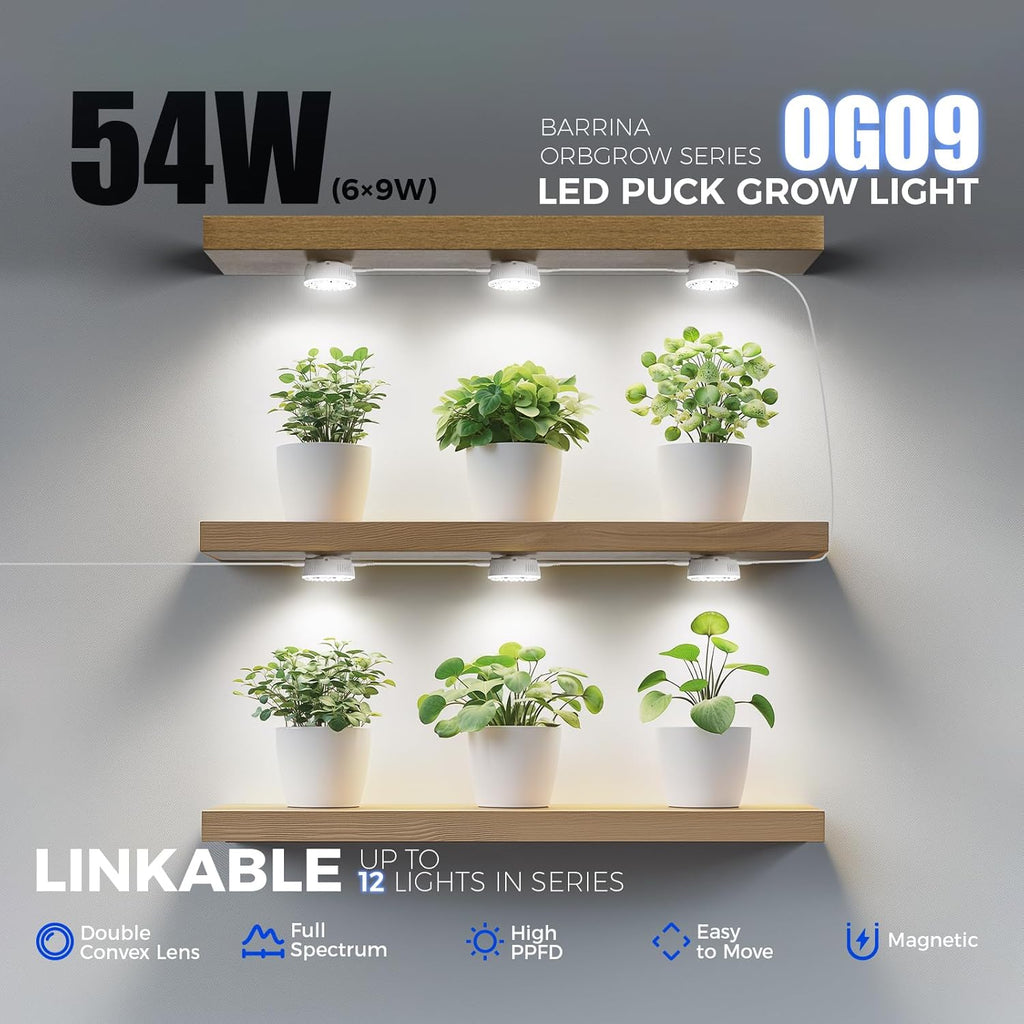 Barrina Orbgrow OG09 Puck Grow Light, 5000K 54W(6 x 9W, 810 Watt Equiv), Full Spectrum Plant Light for Indoor Plants, Magnetic & Linkable with Timer, 5 Levels Dimmable for Plant Shelf, 6 Packs